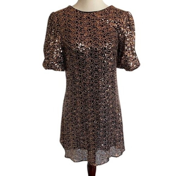 Eliza J Dresses & Skirts - Eliza J Womens Bronze Black Sequin Puff Sleeve Shift Mini Dress Size 10